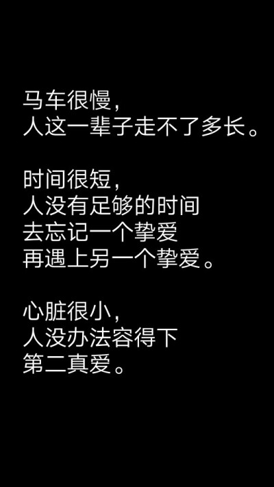  “马车很慢，人这一辈子走不了多长。”
“时间很短，人没有足够的时间去忘记一个挚爱再遇上另一个挚爱。”
“心脏很小，人没办法容得下第二真爱。”