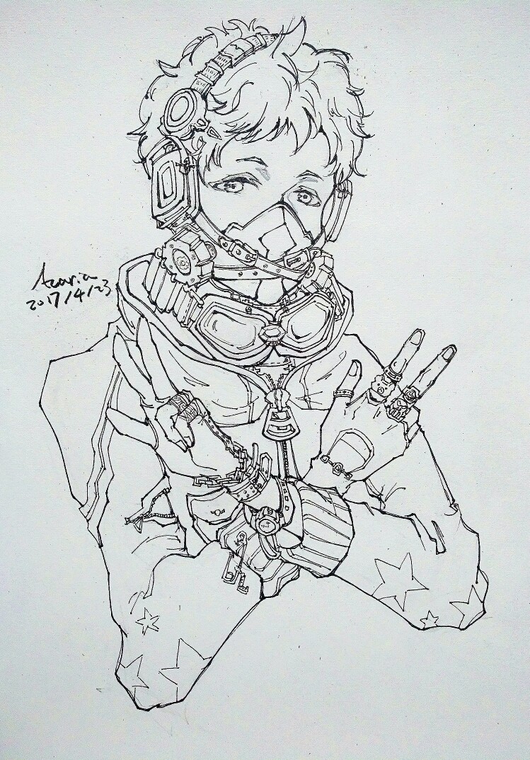 线稿手绘黑白漫画少年