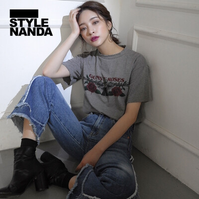 韩国stylenanda 印花and磨损点缀短袖T恤炭灰色