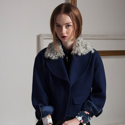 伦敦設計Evian Vintage秋冬可拆羊羔毛领欧美型格短外套