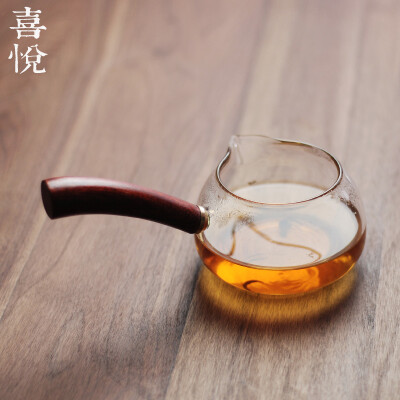 喜悦茶铺 日式玻璃公道杯 高档耐高温玻璃茶海 花梨木手柄匀杯