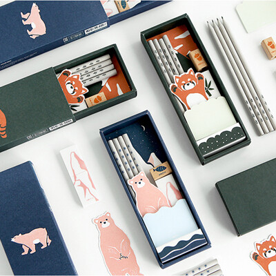 韩国文具Ecobridge 可爱动物环保书签+铅笔+橡皮擦文具盒套装礼盒