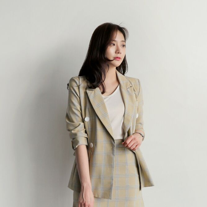 韩国春装 复古chic！淡雅格子修身显瘦百搭长袖西装外套 2色