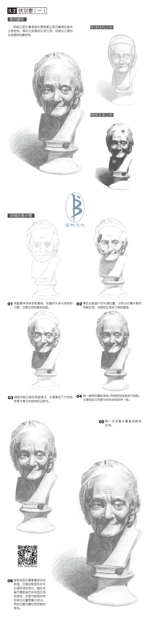 本案例摘自人民邮电出版社出版《素描入门教程——石膏头像》。更多原创绘画教程和作品将在“爱林文化”公众号（aiibook）中长期分享！爱林博悦——只为悦读者！