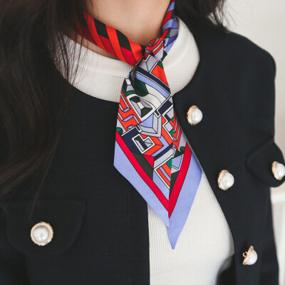韩国进口围巾春秋花纹丝带长条丝巾女士领带