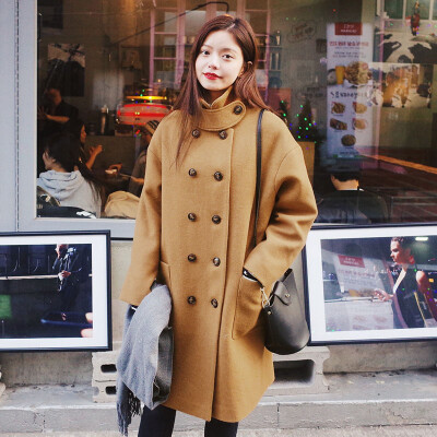 MISSQ 韩版学生双排扣加厚宽松中长款夹棉保暖呢料外套妮子大衣女