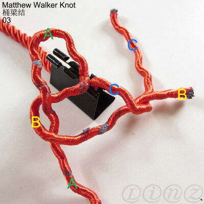 桶梁结-03. C股绕下，C股压住B股绕上
桶梁结-04. C股继续绕上，挑过A股后从A股的绳圈穿出
（留意图中用绿黄蓝三色高亮的ABC三个绳圈，最后三股会依次从这三个绳圈穿出）
桶梁结-05. B股绕上，挑过A股后从A股的绳…