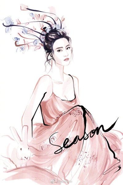 #jjseason插画# #season时尚插画# ----- 懒懒春风过，佳人面若桃花，一抹嫣然神色，翩若惊鸿，#三生三四桃花月#白浅上神@刘亦菲 身穿Christian Dior 2017春夏高级定制裙装，粉嫩柔美登录@时尚芭莎 5月下封面。