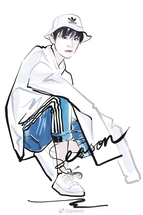 #jjseason插画# #season明星插画# ----- @TFBOYS-易烊千玺 身着@VETEMENTS_OFFICIAL_ 长袖卫衣搭配@adidasOriginals 渔夫帽和小白鞋，青春休闲时尚大片。 ​​​​