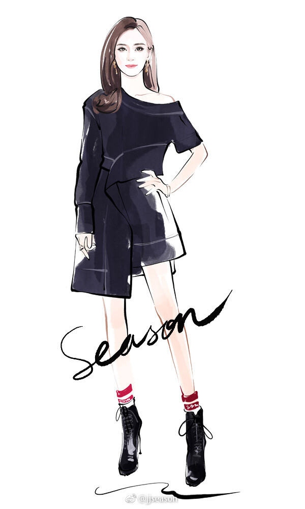 #jjseason插画# #明星红毯礼服插画# ----- @杨幂 一身@Burberry 连衣裙，利落帅气出席活动。 ​​​​