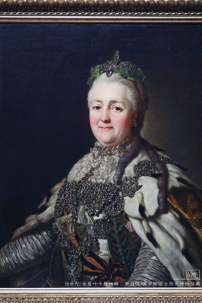 18世纪 女皇叶卡捷琳娜二世肖像 俄罗斯国立历史博物馆藏 叶卡捷琳娜二世本名索菲亚奥古斯特,德国公主,1762年通过宫廷政变杀死自己的丈夫彼得三世后登上王位.在她执政俄国的34年里,俄国领土大幅扩张：经过了两次俄土…