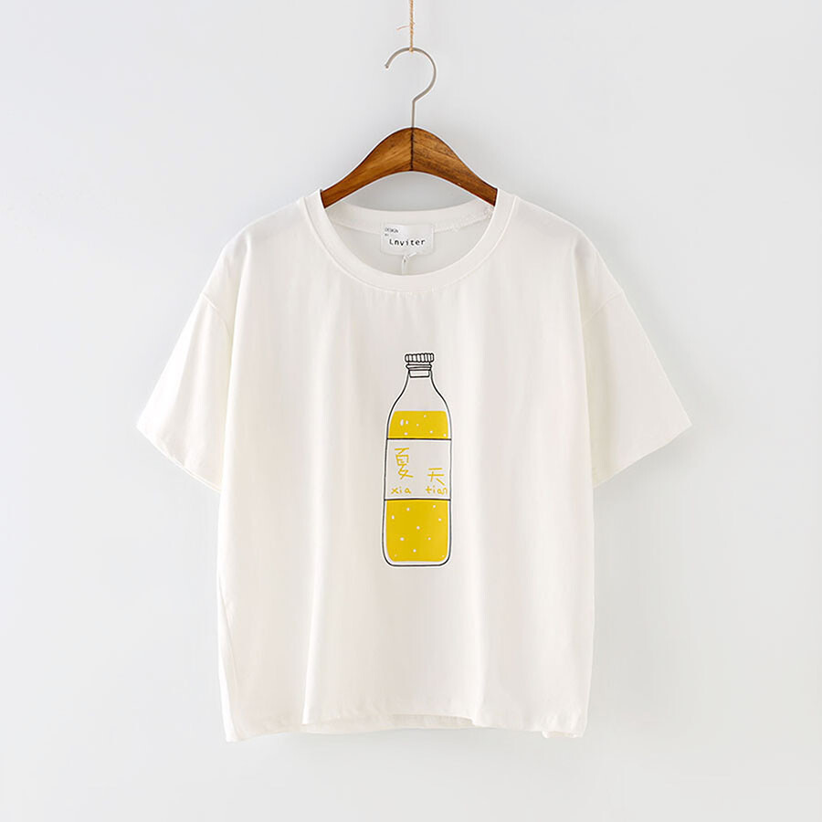 夏装新款日系森女水瓶图案文艺小清新宽松百搭上衣文艺短袖t恤