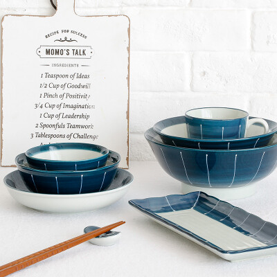 肆月。即墨 日式蓝色勾线陶瓷餐具米饭碗汤碗面碗长盘子家用菜盘