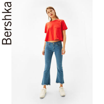 Bershka 女士 亚洲限定 毛边裤脚喇叭七分牛仔裤 00122111428