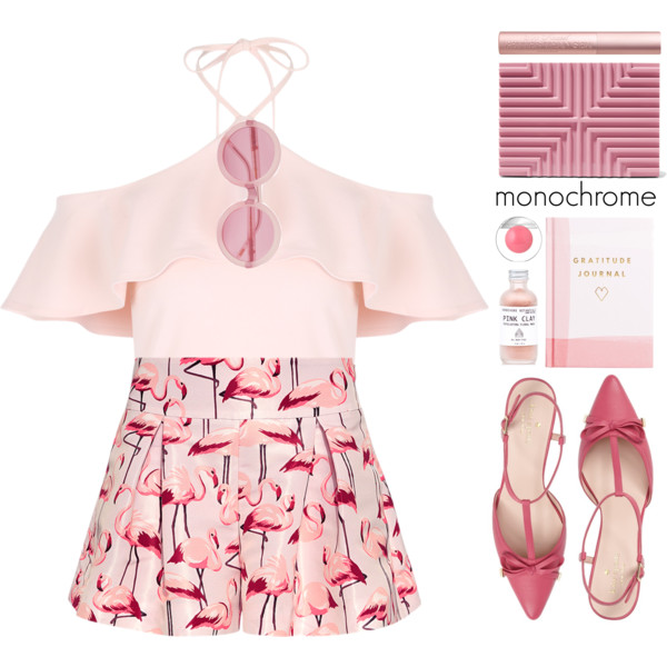 A fashion look from May 2017 featuring halter top, pink shorts and slingback pumps. Browse and shop related looks.