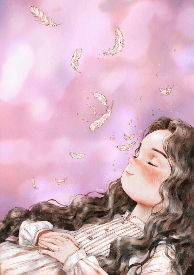 春天的下午，睡意就像羽毛轻拂眼皮… ~ 来自韩国插画家Aeppol 的「森林女孩日记-2017」系列插画。