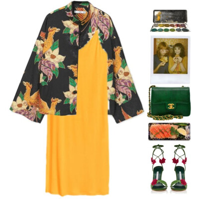 A fashion look from May 2017 featuring yellow dress, kimono top and high heeled footwear. Browse and shop related looks.