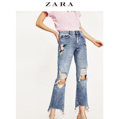 ZARA 女装 花朵刺绣牛仔裤 05862078427