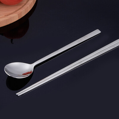 304不锈钢实心扁筷子勺子旅行筷勺套装韩式长柄便携勺筷餐具
