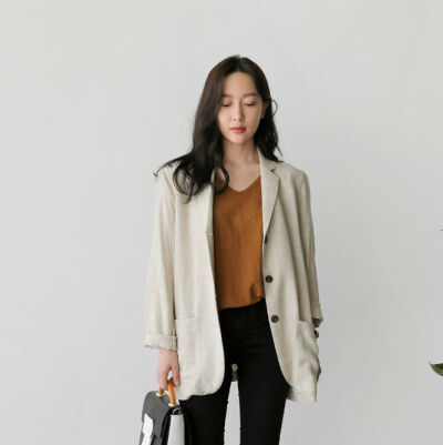 韩国夏款 舒适穿着感！复古纯色休闲百搭亚麻布西装外套