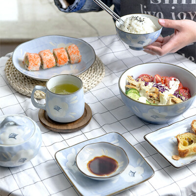 日式简约陶瓷蓝底印花餐具创意田园饭碗面碗餐盘味碟炖盅筷架漫喵