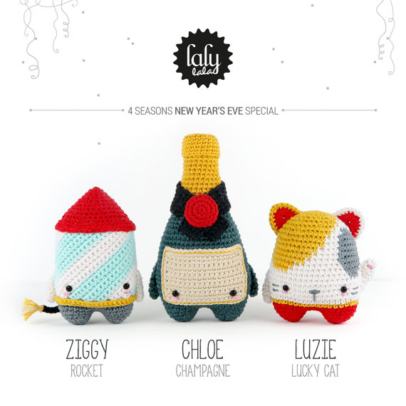 4 seasons: NEW YEAR's EVE (firework rocket, champagne, lucky cat) • lalylala crochet pattern / amigurumi