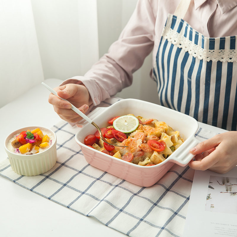 芝士烤盘焗饭盘方形烤盘饭盘家用陶瓷带手柄方形菜盘西餐用具烘焙