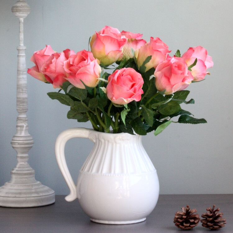精品美式白色陶瓷花瓶花插配10支法式古典玫瑰仿真花假花组合花艺