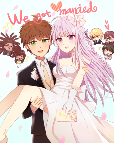 【来源pixiv，侵删】
插画ID：pixiv61762264
插画若有水印则为画师ID
We got married！恭喜诚响结婚啦(´▽｀)ノ♪
苗木诚，游戏及其动画《弹丸论破：希望的学园与绝望的高中生》男主角。希望之峰学院第78期学生。实…