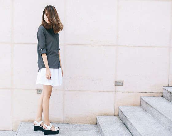 Nana Libra - Polkaholics Boyfriend Shirt, Polkaholics My Basic Skirt, Charles & Keith White Wedges - I fall in love with the eyes. Personality comes next.