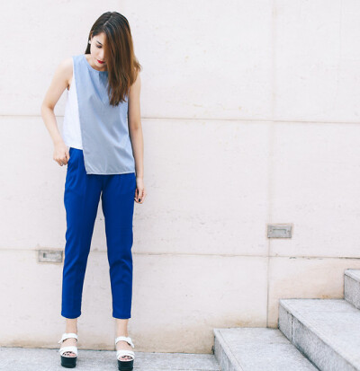 Nana Libra - Polkaholics Lucy Top, Polkaholics My Capri Pants, Charles & Keith White Wedges - White & Blue