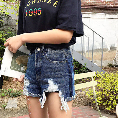 孙啦啦牛仔短裤女夏季高腰宽松破洞韩版学生潮阔腿显瘦毛边热裤