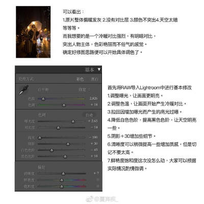 “教你如何在不打光情况下 调出油画电影夜景色调。” (cr:@夏弃疾_) ​​​