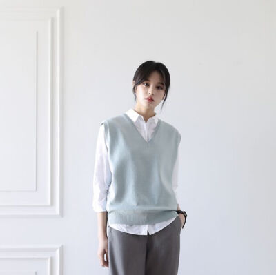 韩国 2017春季女装 V领 纯色 背心 针织 马夹 A7