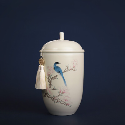 东游记手绘釉彩玉兰翠鸟图中式陶瓷装饰罐储物罐大茶罐陶瓷罐