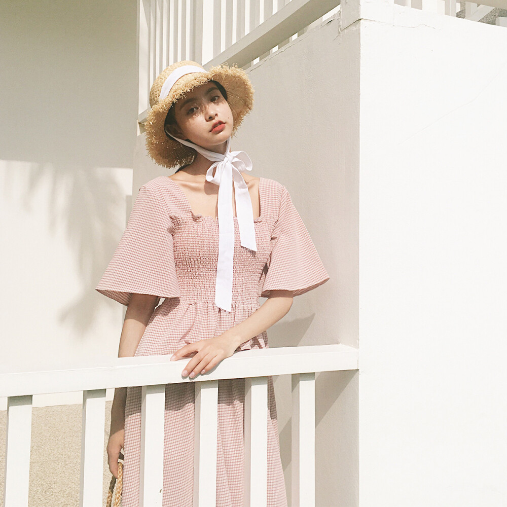 范智乔2017夏装新款收腰格子连衣裙女夏韩版小清新娃娃裙中长裙