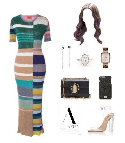 Missoni dress、bag、phone case，Yeezy sandals，Oval Engagement ring，Lana Reckless earrings，Chanel boy watch#859