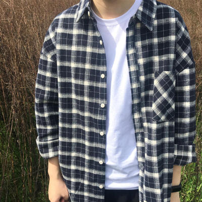二号DEMO 2017春装日系复古格子衬衫青年宽松落肩长袖衬衣外套