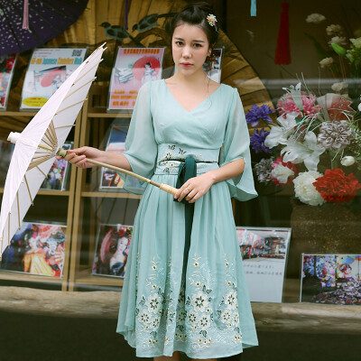 麦叙夕凉の夏日 春夏V领古风雪纺连衣裙刺绣中长款仙气中裙子女