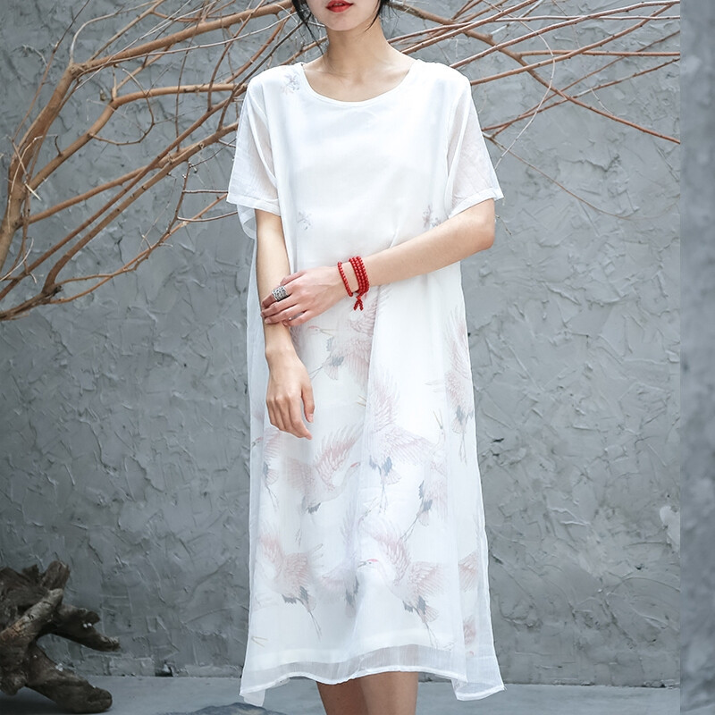 界 夏季文艺复古宽松显瘦真丝中式印花双层中长款连衣裙