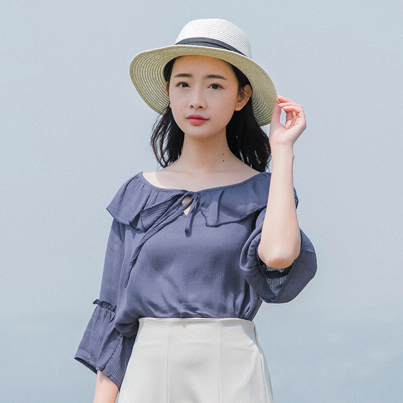 2017夏季轻薄舒适棉麻女装喇叭袖宽松上衣文艺荷叶领衬衫
