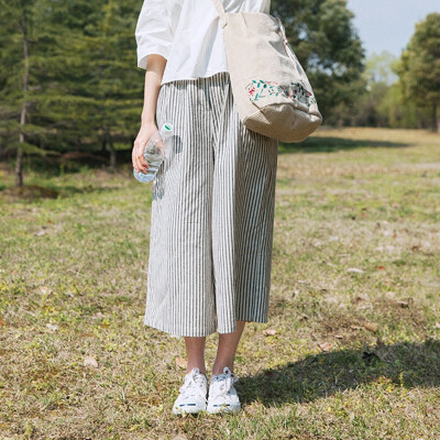 2017夏装日系文艺学院风竖条纹棉麻阔腿裤宽松休闲裤九分裤女