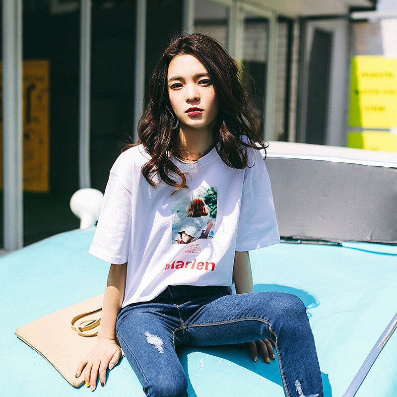 2017韩版宽松时尚短袖白色T恤女休闲学生纯色体恤夏季短款衫