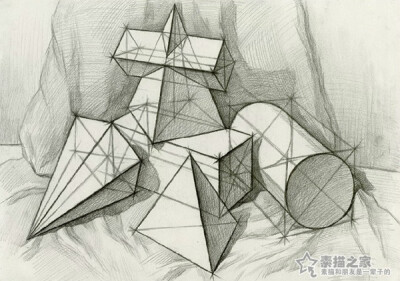 素描石膏几何体组合示范步骤画法