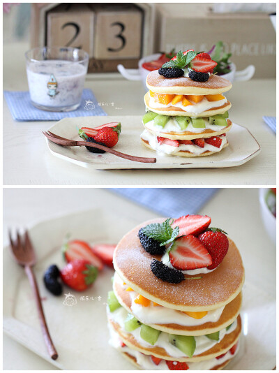 松饼水果塔：原味松饼里面加上自制的酸奶和水果，每一口都是不同口感，低脂美味，可以敞开享用！