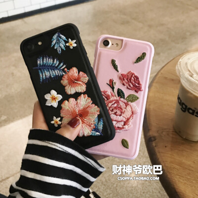 韩国复古刺绣花朵iPhone7 plus手机壳苹果6/6s/plus皮质保护套女