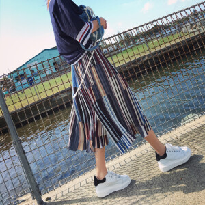 雪纺阔腿裤女高腰宽松百褶条纹七分裤裤子女夏2017新款裙裤休闲裤