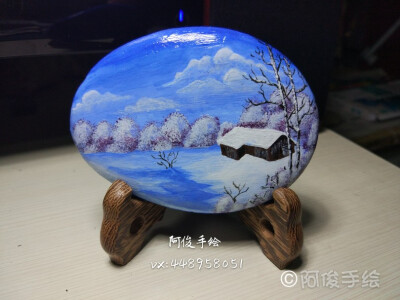 手绘石头画《雪景》