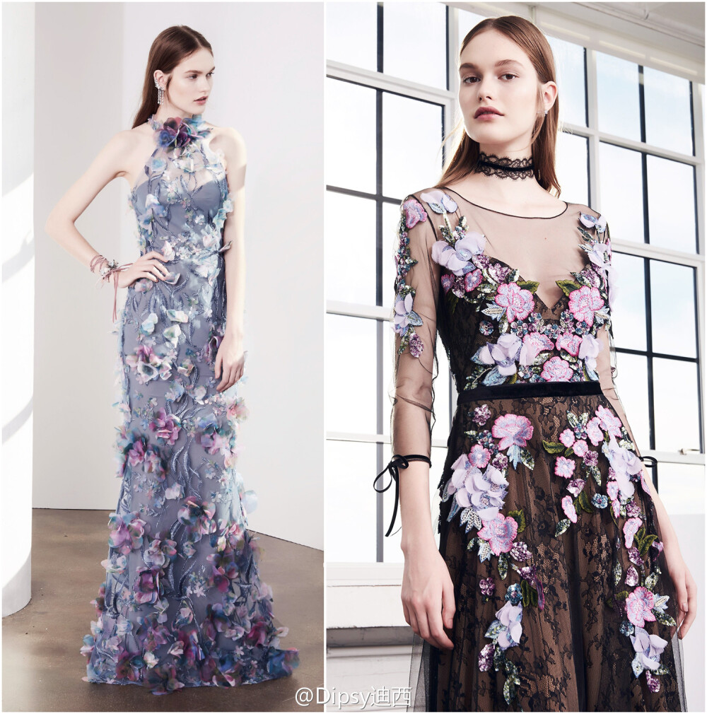 Marchesa Notte F/W 2017｜在为奥斯卡女明星日夜赶制红毯华服的间隙，设计师及团队完成了这季年轻浪漫的副线系列～没有主线那般珠光宝气花团锦簇，却也是仙气满溢～