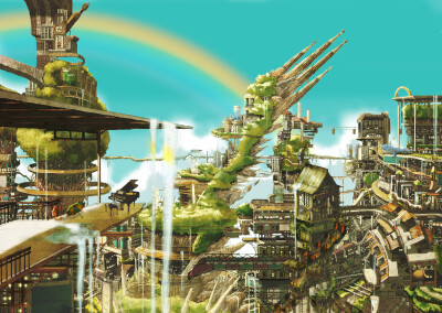 Konachan.com - 153507 brown_hair building city clouds instrument original piano rainbow rery_rr23 robot umbrella water waterfall